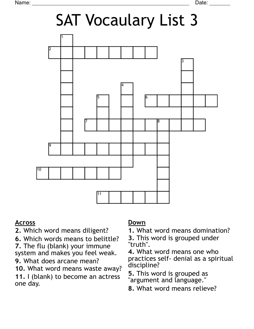 SAT Vocaulary List 3 Crossword