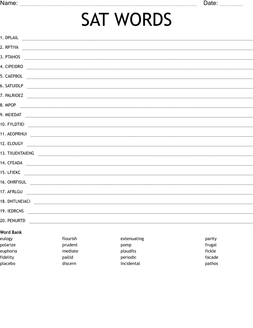 SAT WORDS Word Scramble