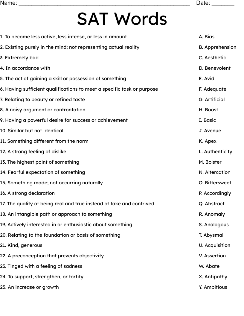 SAT Words Worksheet