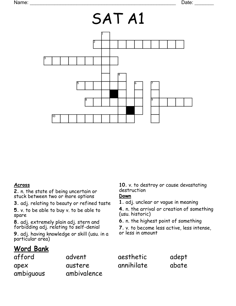 SAT  A1 Crossword