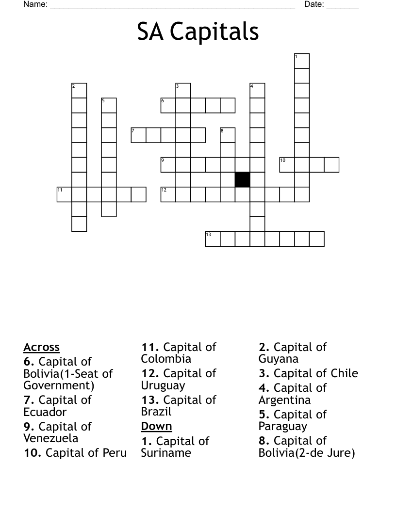 SA Capitals Crossword