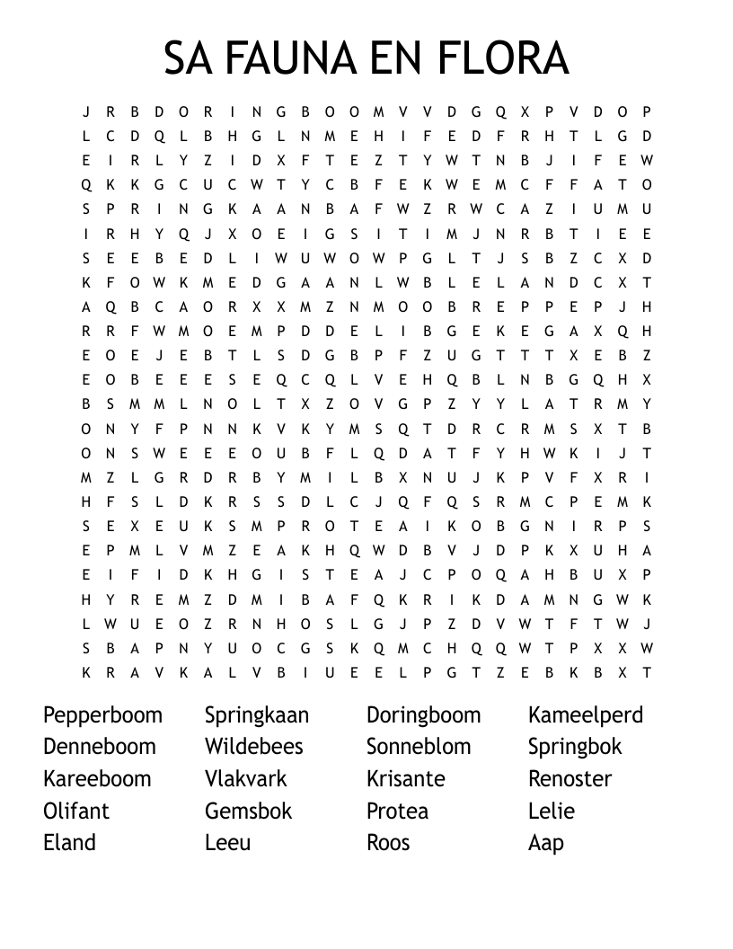 SA FAUNA EN FLORA Word Search