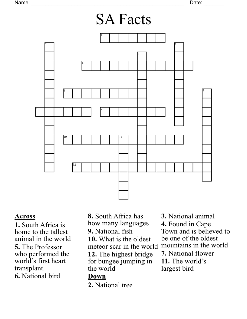 SA Facts Crossword