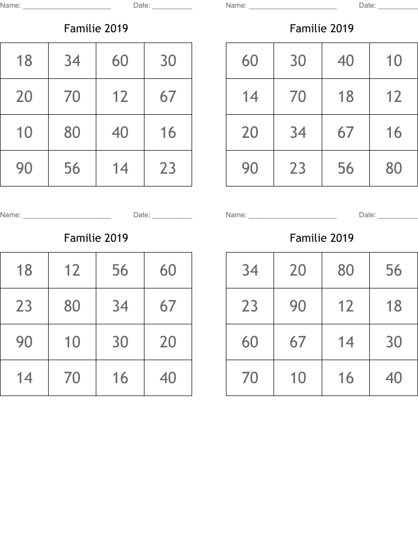 Familie 2019 Bingo Cards