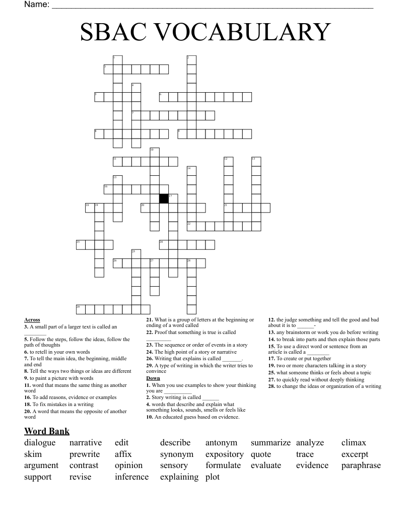 SBAC VOCABULARY Crossword