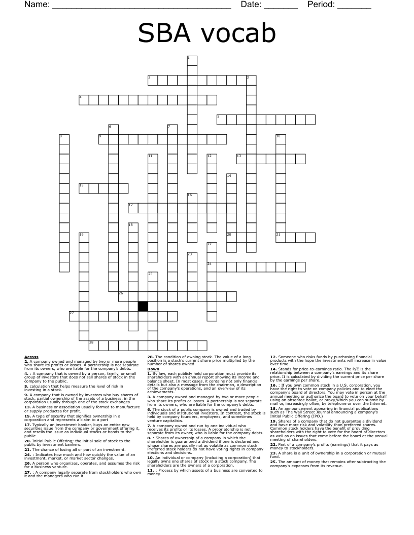SBA vocab Crossword