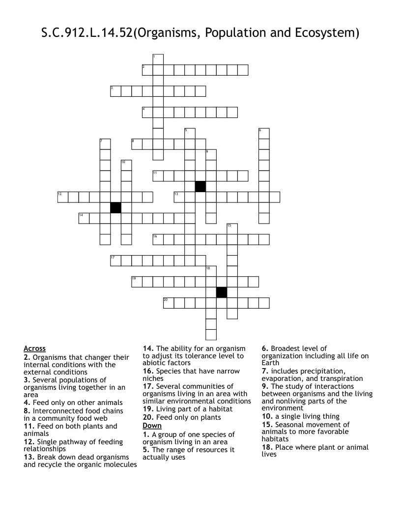 S.C.912.L.14.52(Organisms, Population and Ecosystem) Crossword