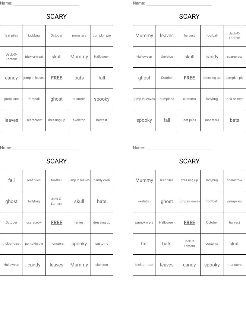 SCARY Bingo Cards