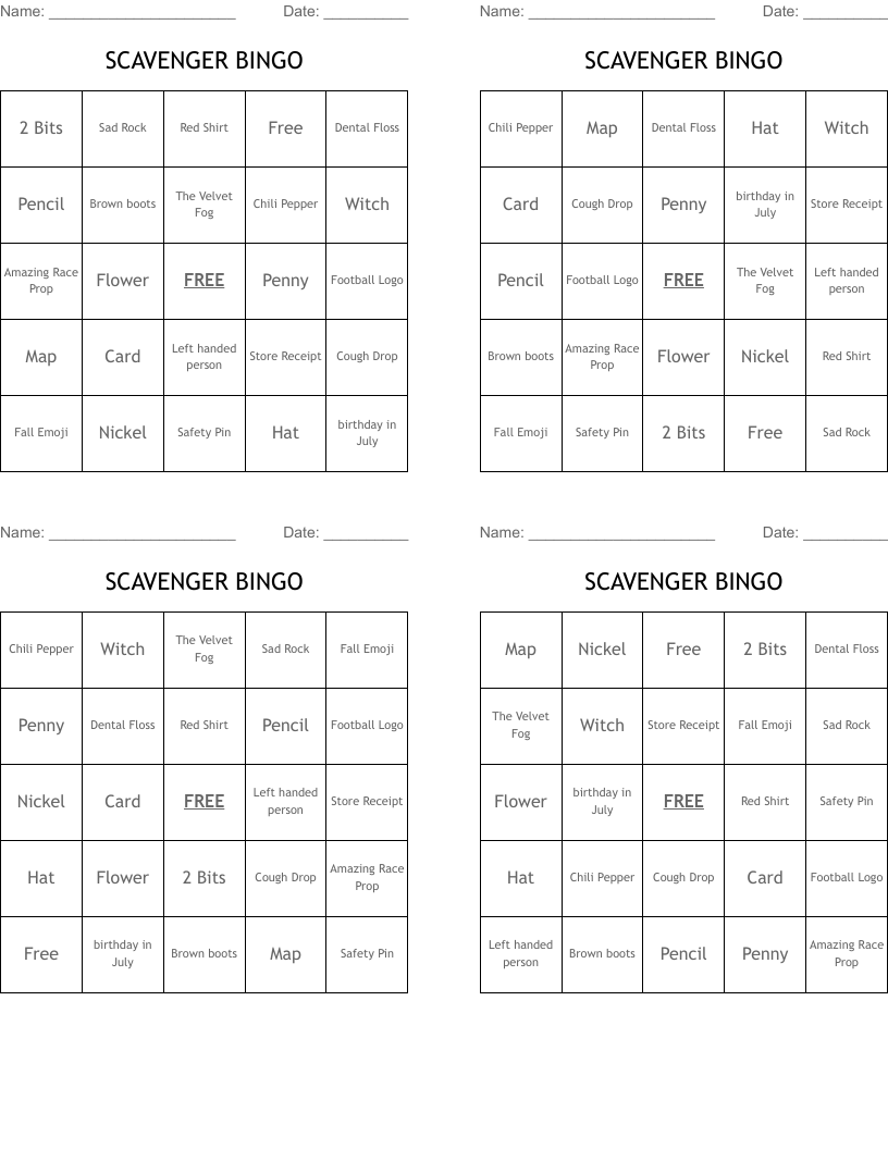 SCAVENGER BINGO