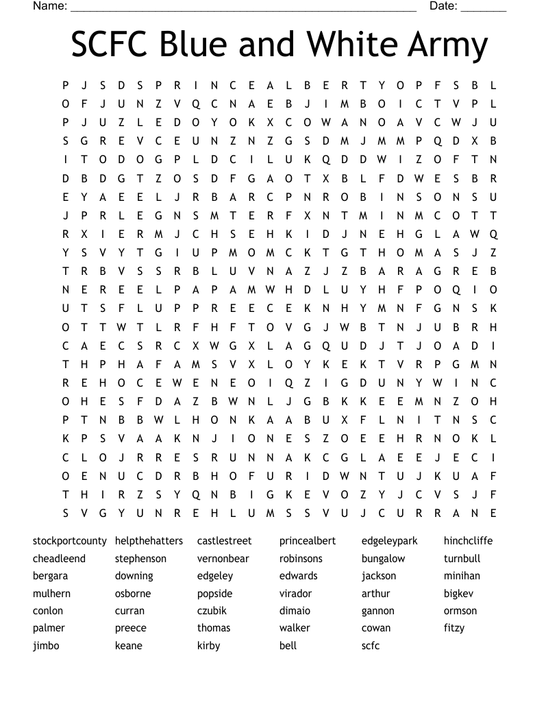 SCFC Blue and White Army Word Search