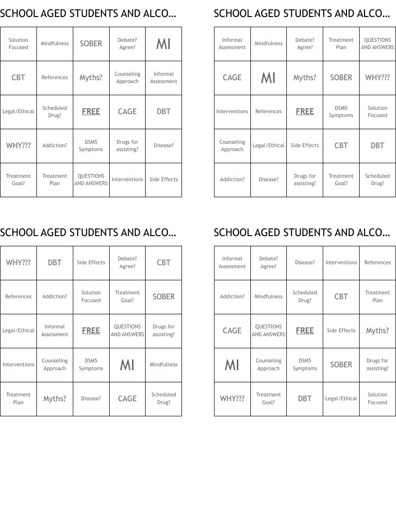 SCHOOL AGED STUDENTS AND ALCOHOL Bingo Cards