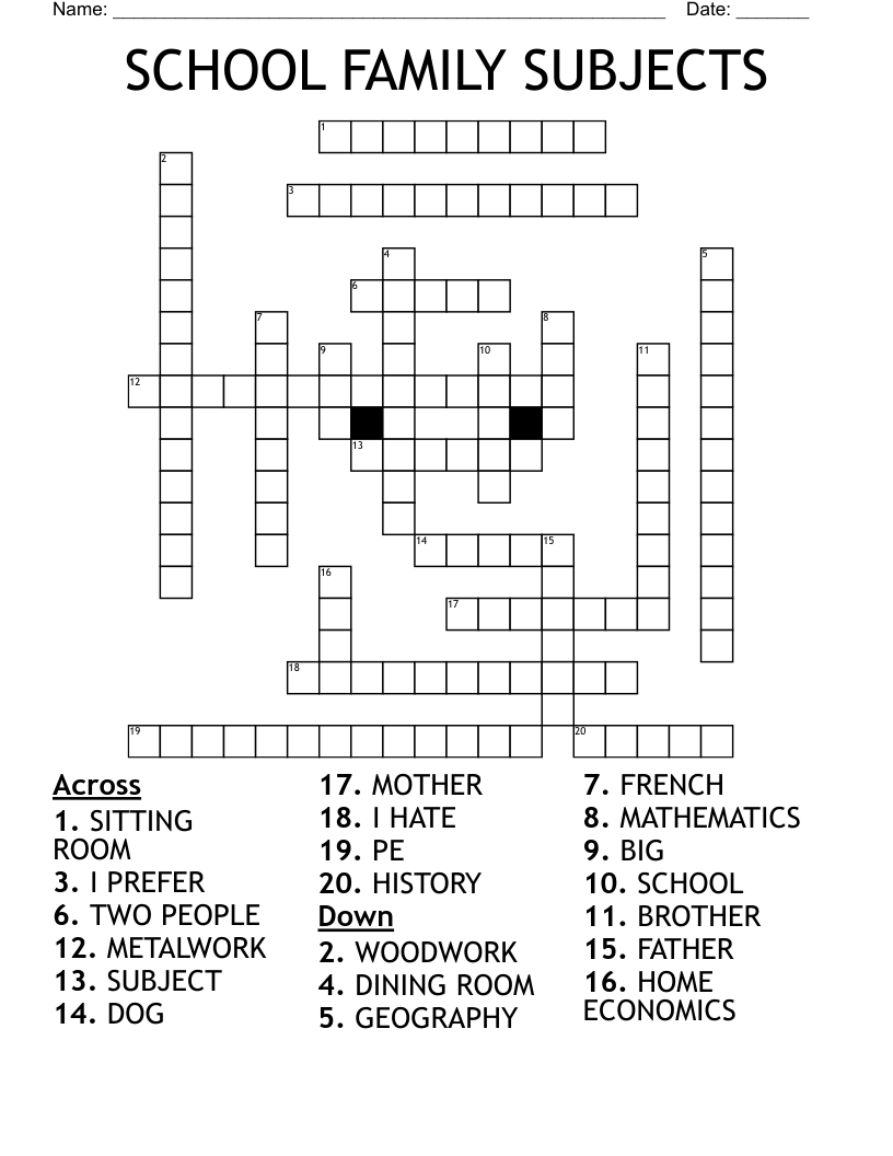 SCHOOL FAMILY SUBJECTS Crossword