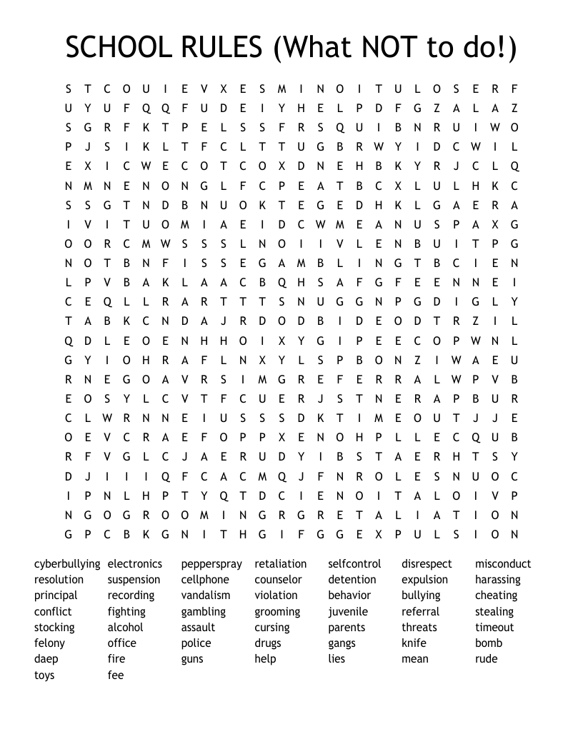 SCHOOL RULES (What NOT to do!)  Word Search