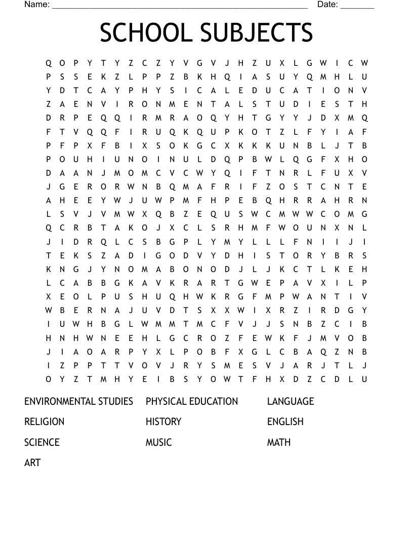 SCHOOL SUBJECTS Word Search