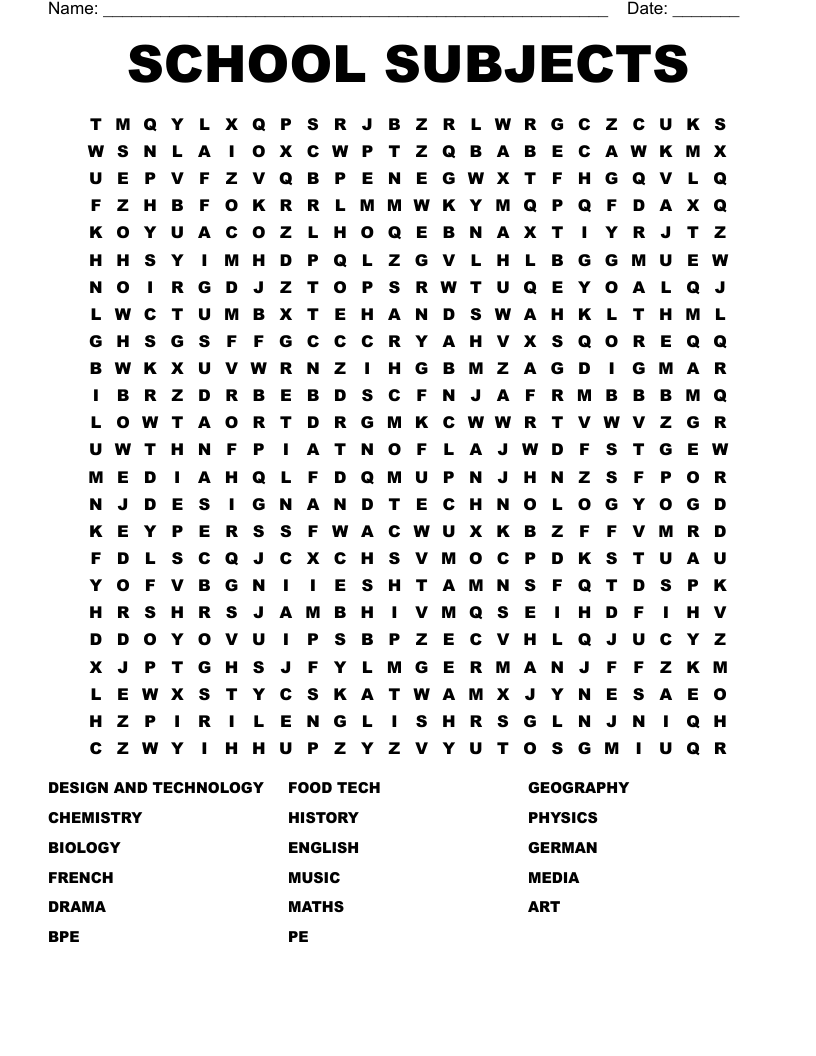 SCHOOL SUBJECTS Word Search