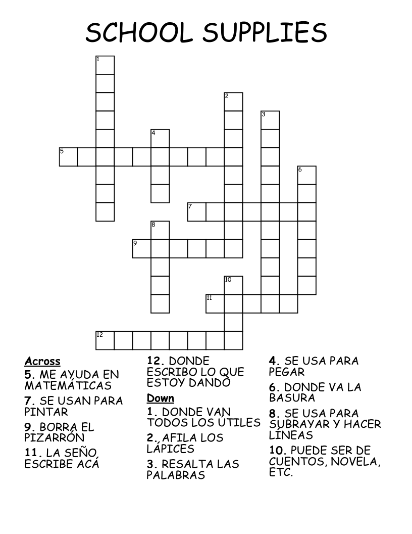 SCHOOL SUPPLIES Crossword
