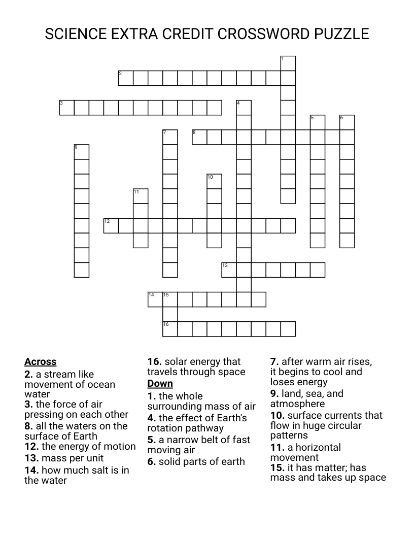 SCIENCE EXTRA CREDIT CROSSWORD PUZZLE 