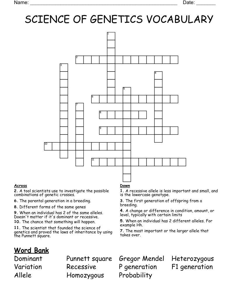SCIENCE OF GENETICS VOCABULARY Crossword
