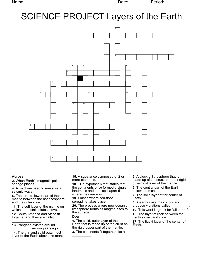 SCIENCE PROJECT Layers of the Earth Crossword