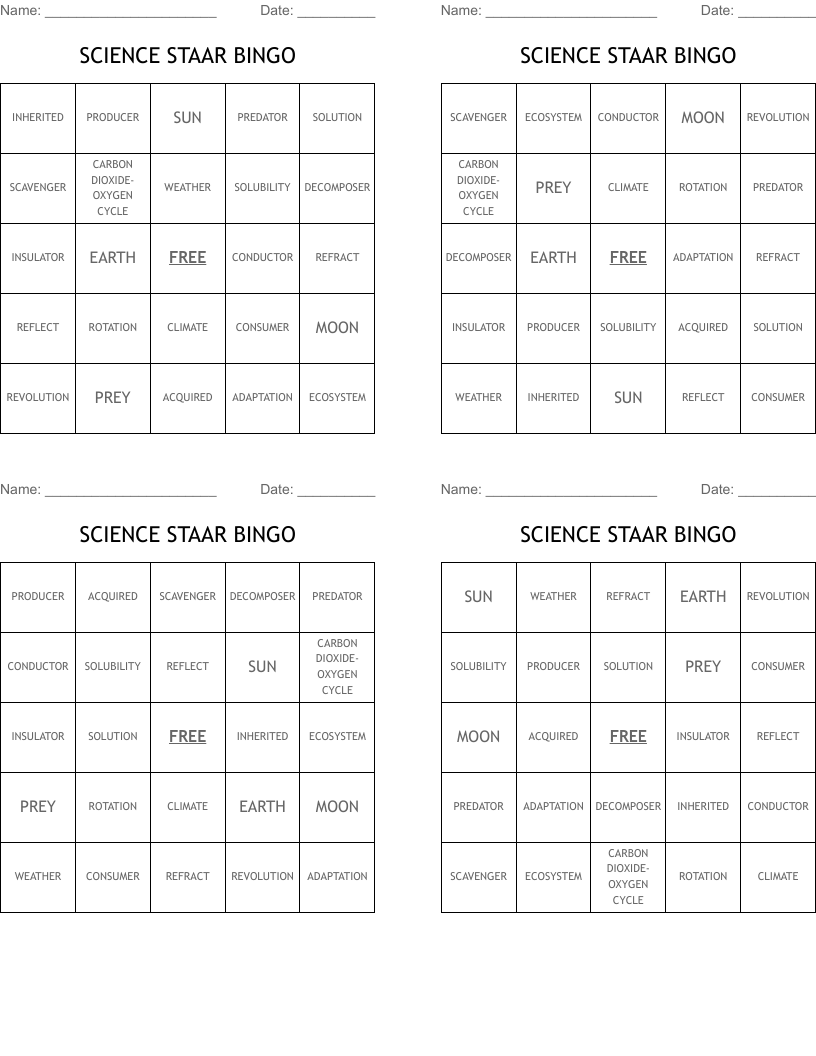 SCIENCE STAAR BINGO