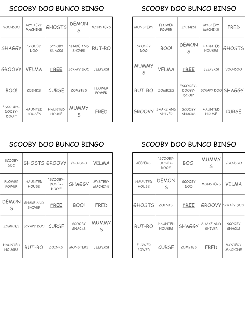 SCOOBY DOO BUNCO BINGO