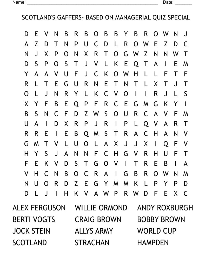 SCOTLAND'S GAFFERS- BASED ON MANAGERIAL QUIZ SPECIAL Word Search