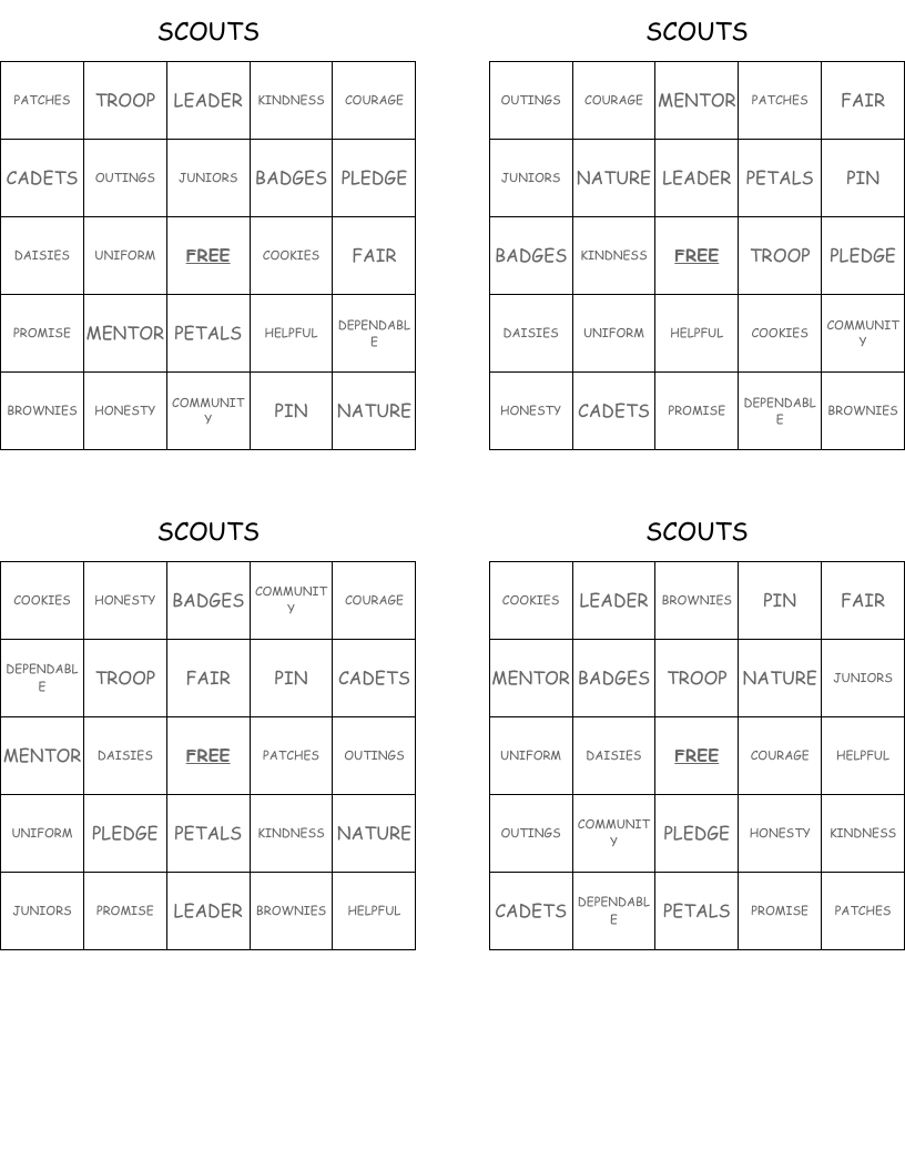 SCOUTS Bingo Cards