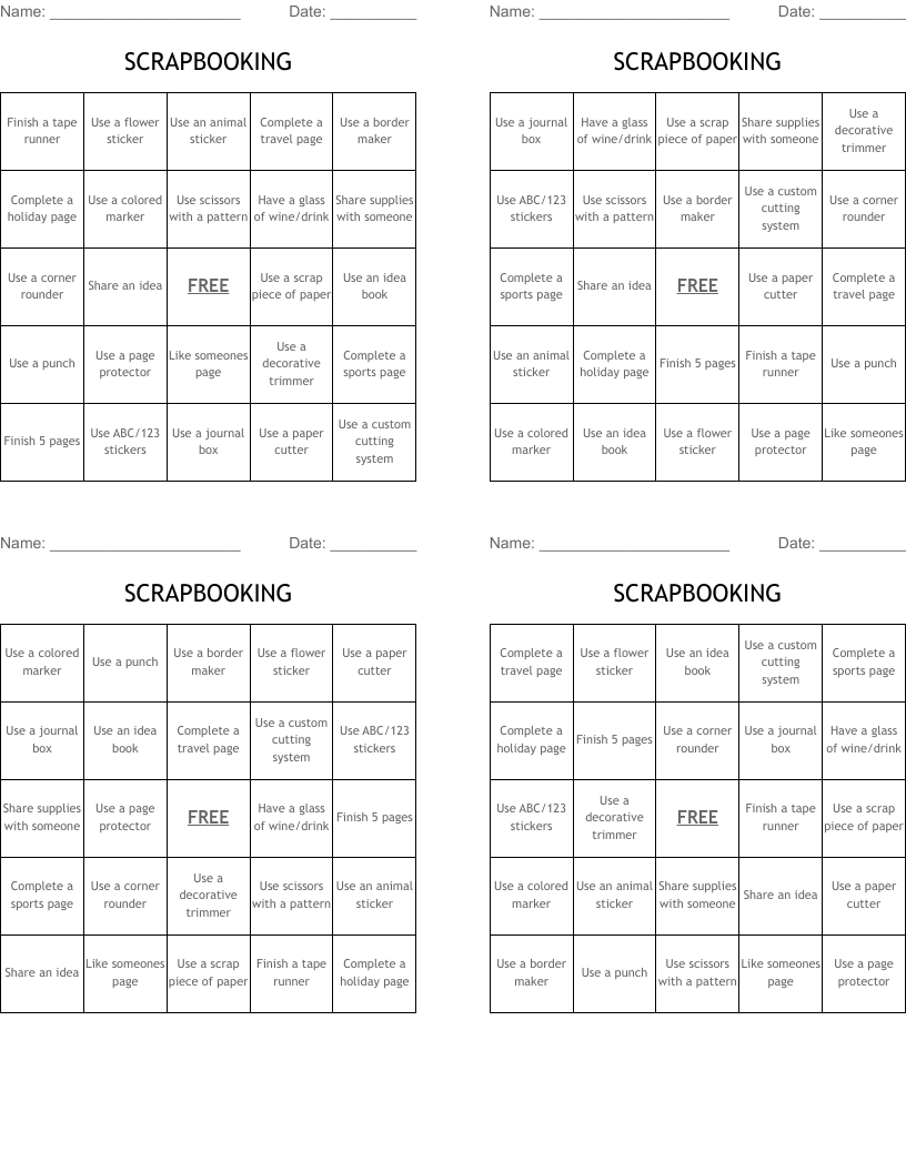 SCRAPBOOKING Bingo Cards