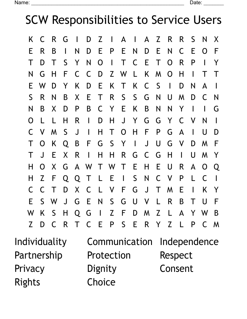 SCW Responsibilities to Service Users Word Search