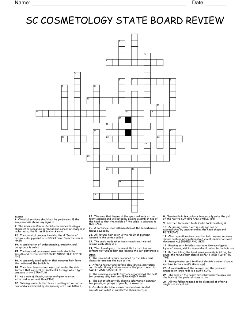 SC COSMETOLOGY STATE BOARD REVIEW Crossword