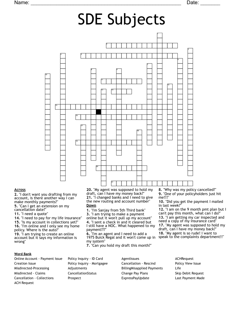 SDE Subjects Crossword