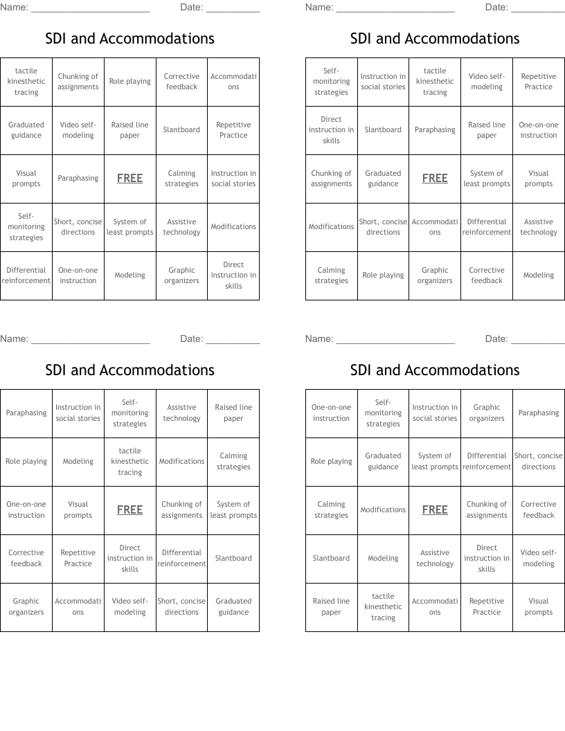 SDI and Accommodations Bingo Cards