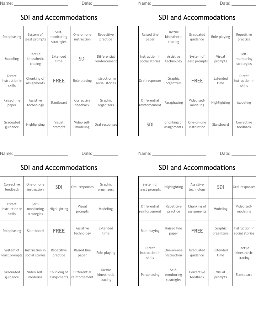 SDI and Accommodations Bingo Cards