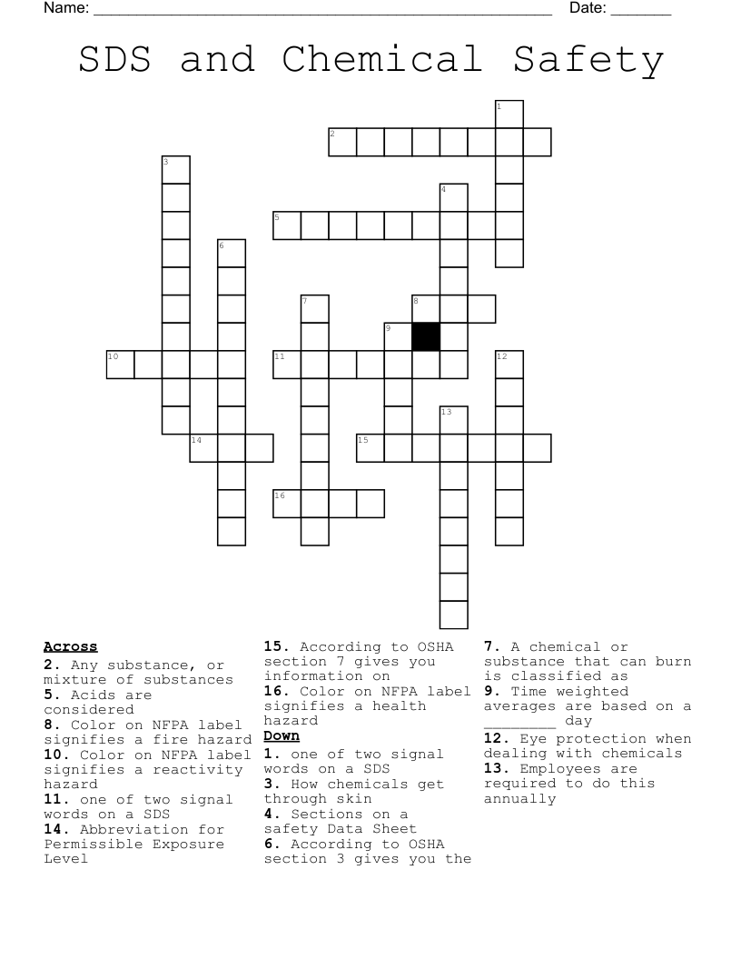 SDS and Chemical Safety Crossword