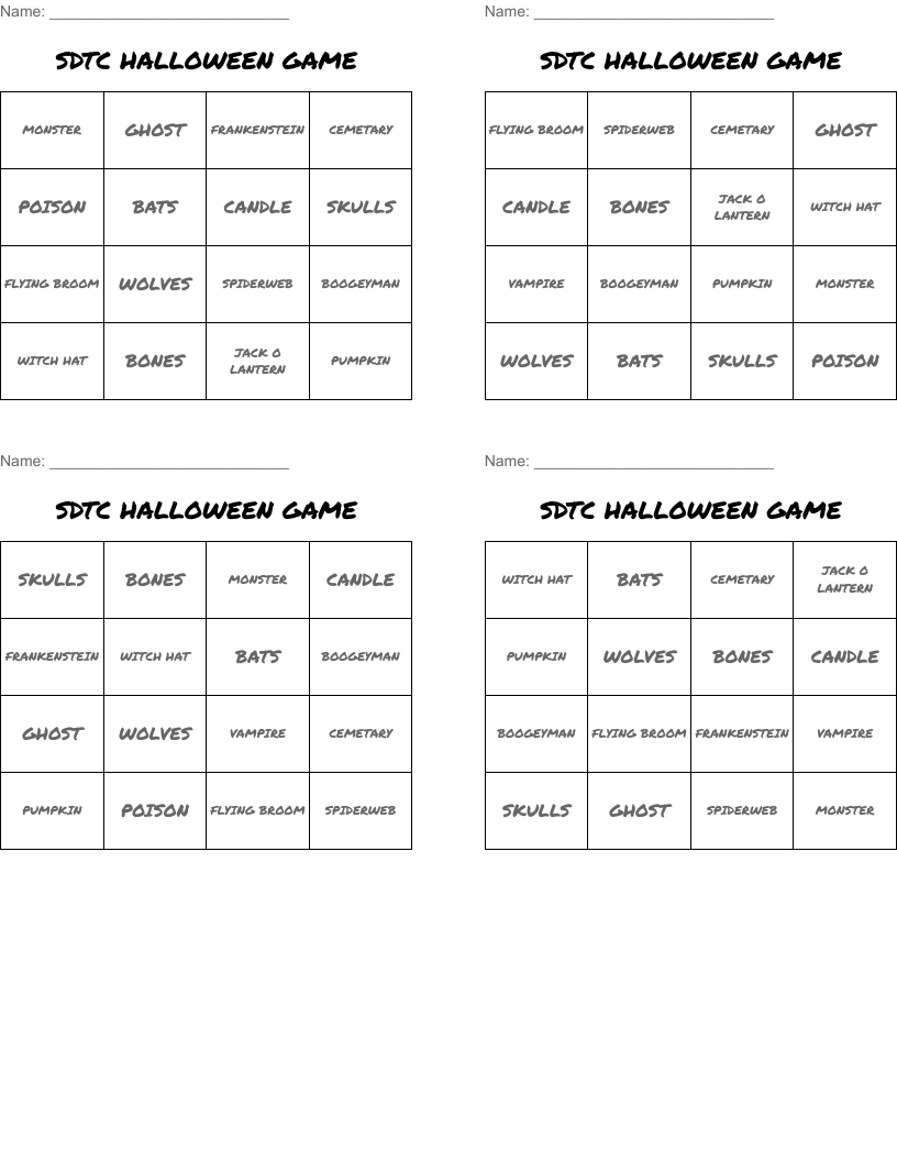 SDTC HALLOWEEN GAME  Bingo Cards