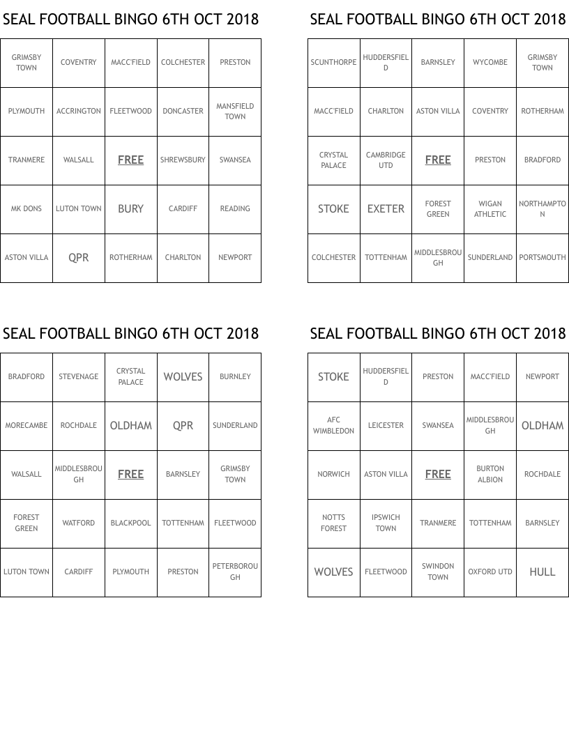 SEAL FOOTBALL BINGO 6TH OCT 2018