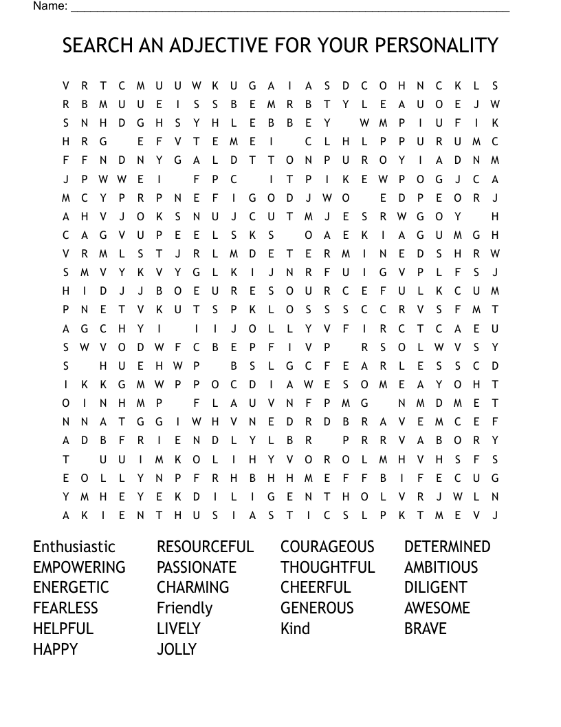 SEARCH AN ADJECTIVE FOR YOUR PERSONALITY  Word Search