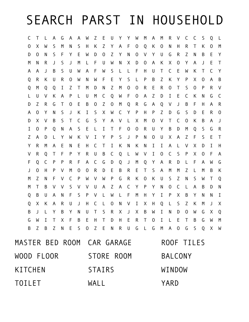 SEARCH PARST IN HOUSEHOLD Word Search