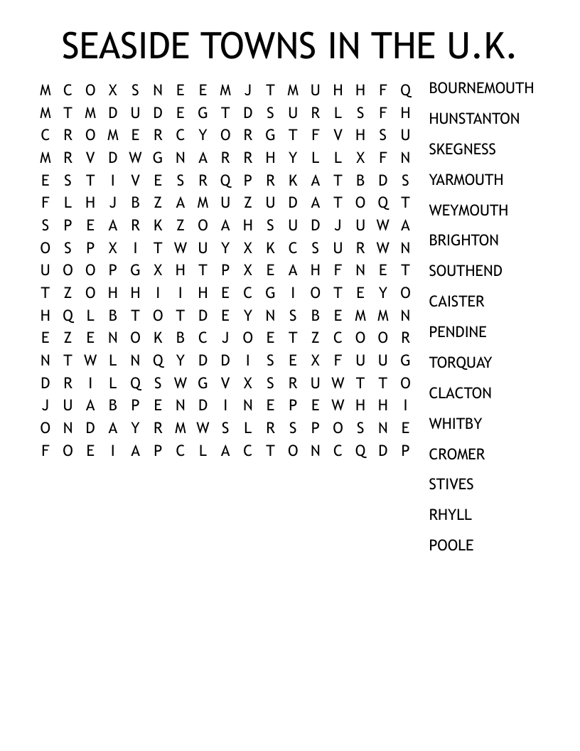 SEASIDE TOWNS IN THE U.K. Word Search