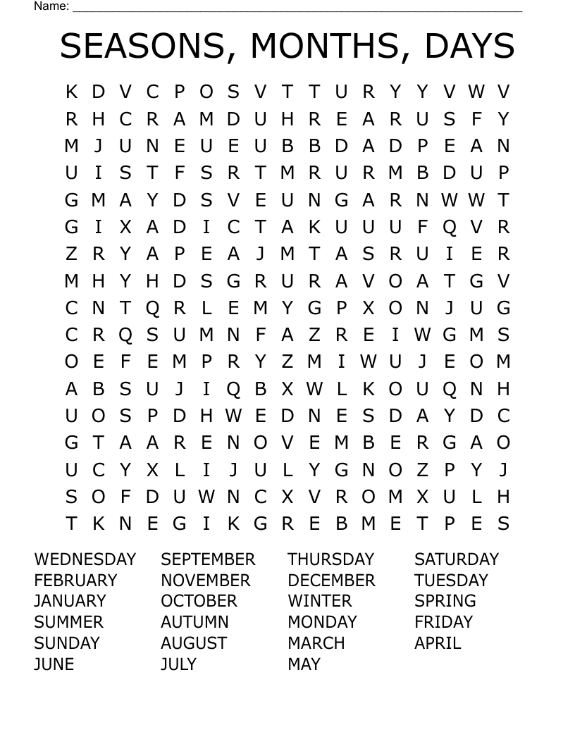 SEASONS, MONTHS, DAYS Word Search