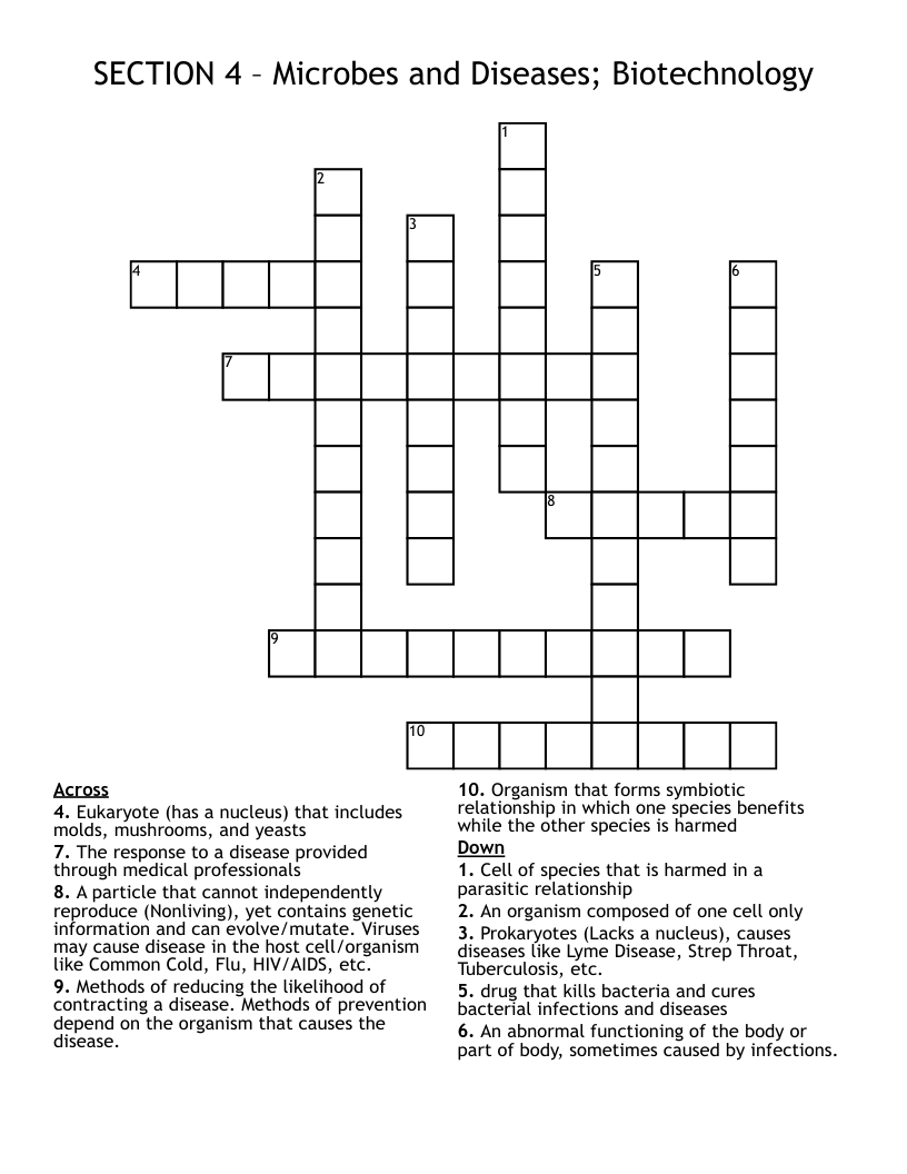 SECTION 4 – Microbes and Diseases; Biotechnology Crossword