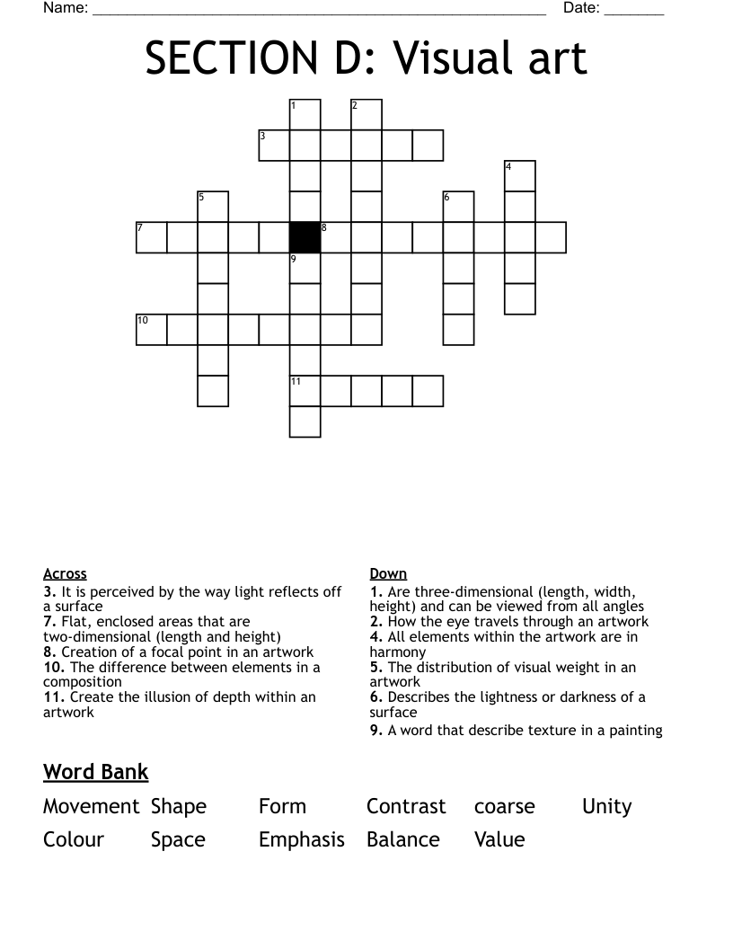 SECTION D:  Visual art Crossword