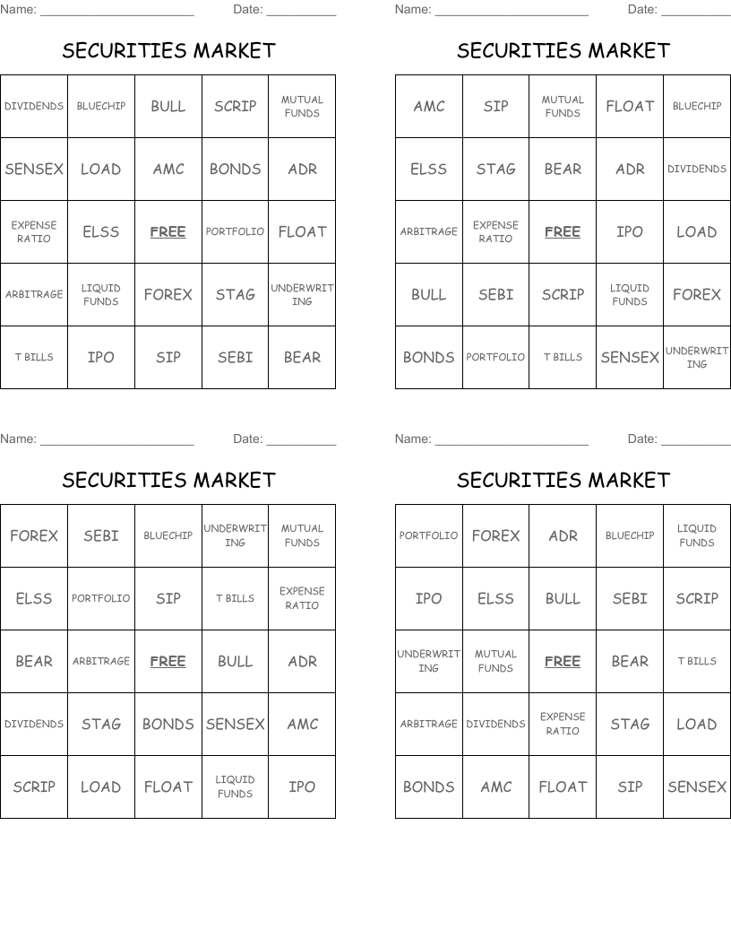 SECURITIES MARKET Bingo Cards