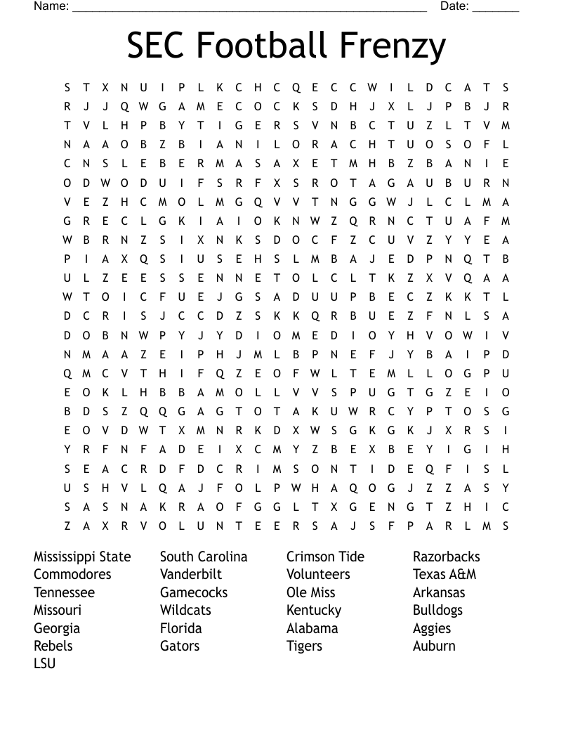 SEC Football Frenzy Word Search