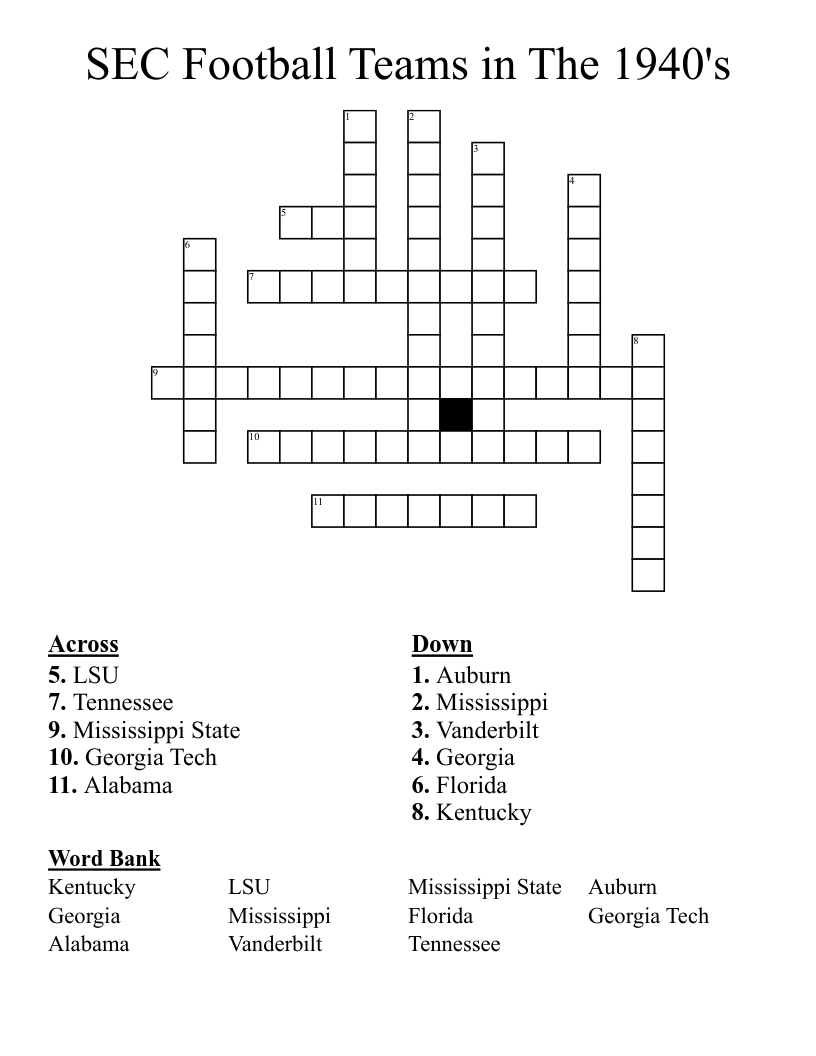 SEC Football Teams in The 1940's Crossword