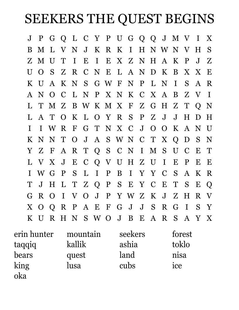 SEEKERS THE QUEST BEGINS Word Search