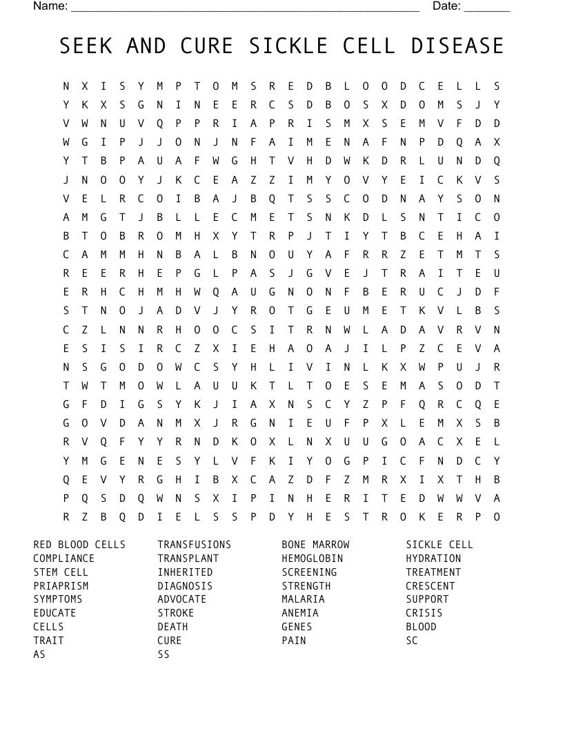 SEEK AND CURE SICKLE CELL DISEASE Word Search