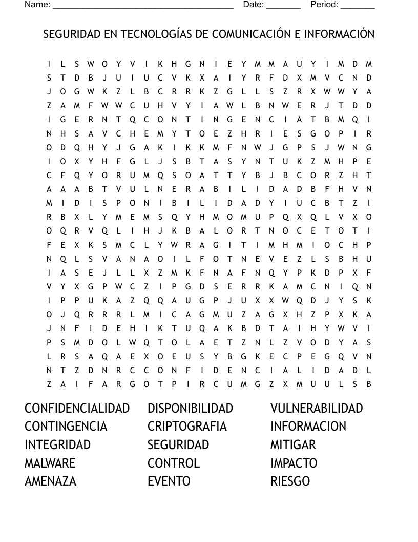SEGURIDAD EN TECNOLOGÍAS DE COMUNICACIÓN E INFORMACIÓN Word Search