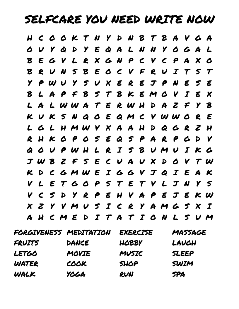 SELFCARE YOU NEED WRITE NOW Word Search