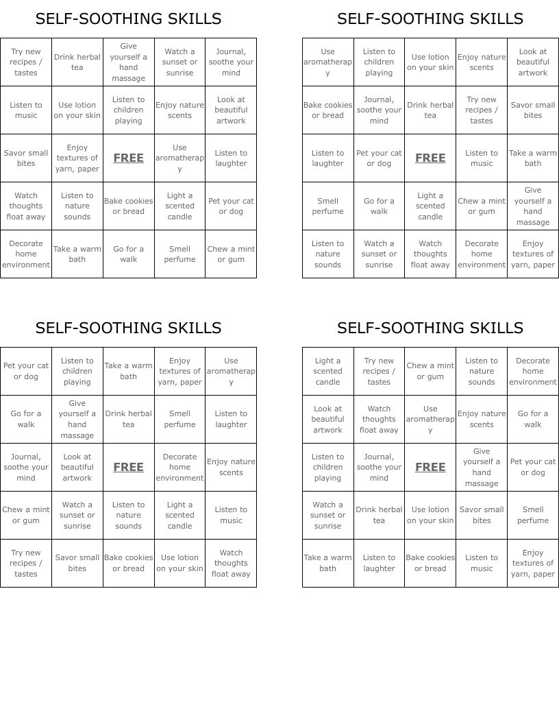 SELF-SOOTHING SKILLS Bingo Cards
